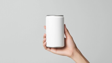 Female hand holds blank white mockup. Empty beverage presented against gray background. Product design template for branding. Modern, clean aesthetic. Versatile product presentation. Possible usage