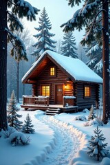 Cozy cabin with a wooden fence and trees surrounding it, winter, trees