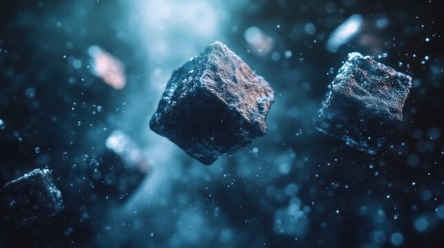 Dark cubic asteroids with dust particles in space.