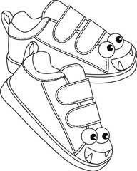 Playful monster face kids sneakers with velcro straps in black and white line drawing
