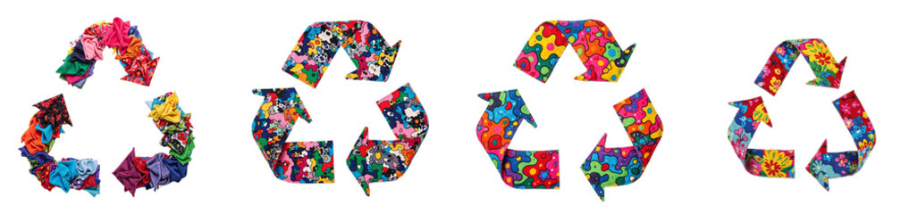 Obraz premium Colorful fabric recycle symbol on white background, cut out collection pack