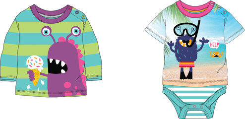 Striped sleeve baby shirt with pink sea monster character holding fish on side view
