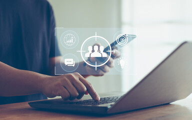 Target customer, buyer persona, customer behavior concept. Businessman with target customer on virtual screen. Marketing plan and strategies. Personalization marketing, customer centric strategies.