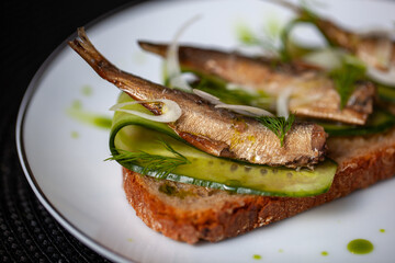 Smoked fish placed atop slices of cucumber and rye bread garnished with dill and onion on a white plate