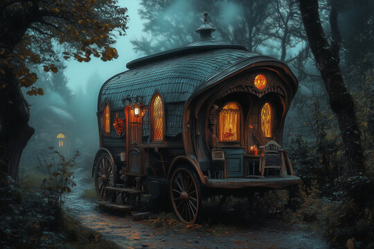 Traditional vardo wagon with weathered charm