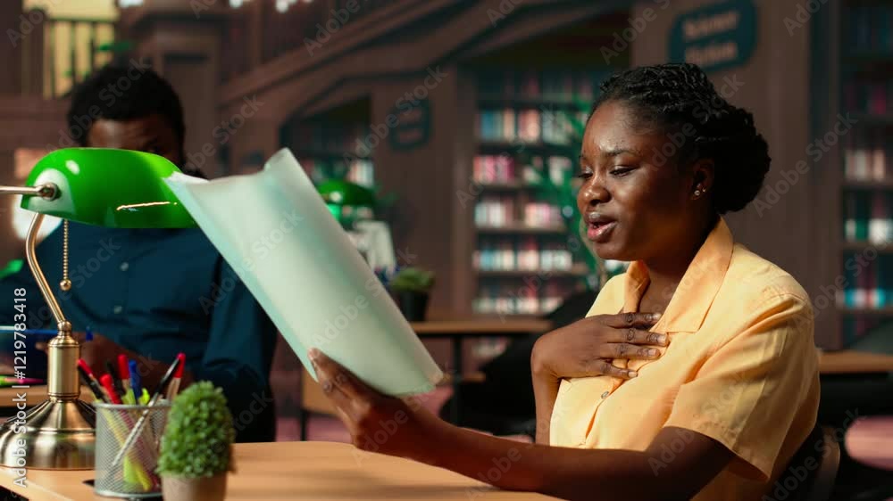 Poster african american stressed scholar failing to comprehend and memorize lesson notes, struggling to lea
