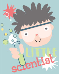 Cartoon of little scientist boy holding test tube with bubble reaction and smile
