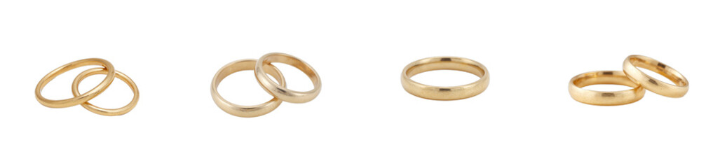 Elegant gold wedding rings on white surface, cut out collection pack
