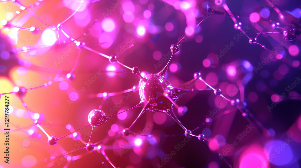 Poster vibrant abstract representation of molecular structures with glowing nodes and connections, showcasi