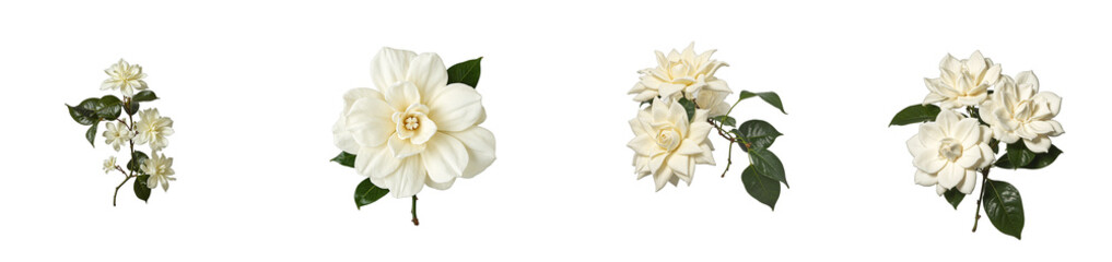 Naklejka premium Beautiful gardenia branch with creamy blooms and glossy leaves on white backdrop, cut out collection pack