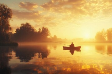 Fisherman casting a line into a calm lake at sunrise