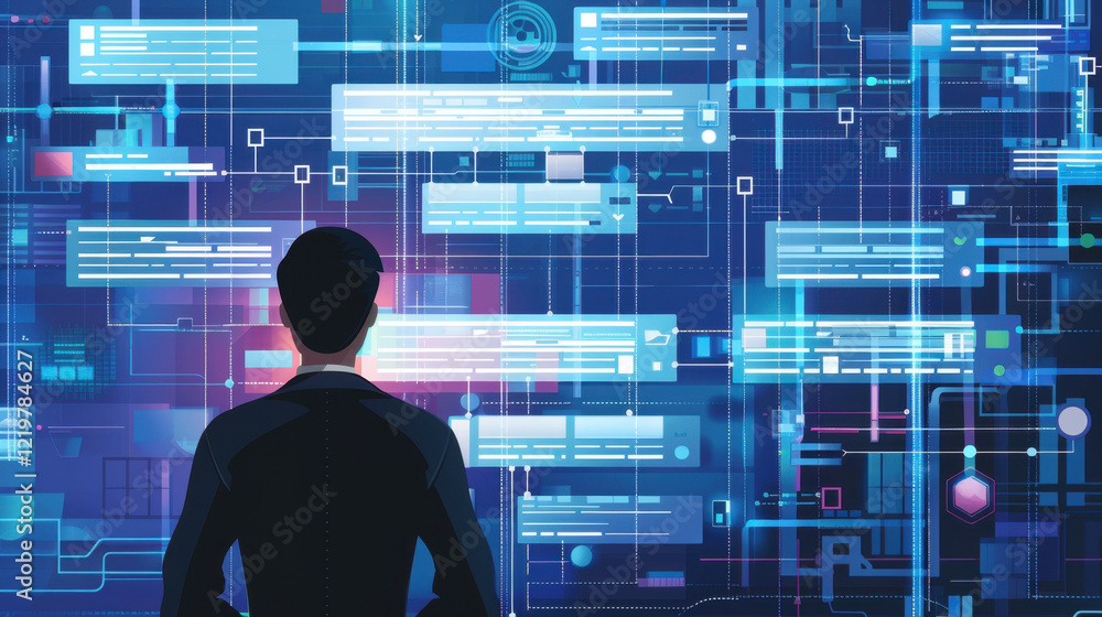 Poster person analyzing digital data on futuristic interface, surrounded by glowing screens and information