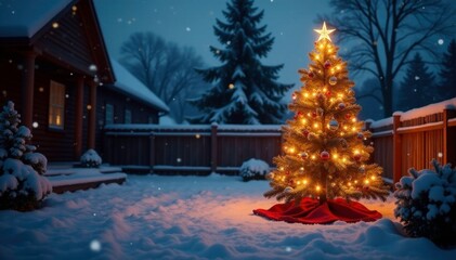 Fototapeta premium Cozy evening with a lit up Christmas tree in the snowy backyard, lights, snowflakes, evening