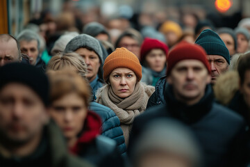 Grumpy woman among strangers in a crowded place