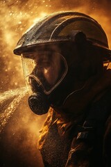 Fototapeta premium A brave firefighter sprays water to extinguish a large fire, wearing protective gear created by ai