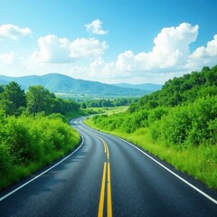 Naklejka premium Lush greenery and cloud-filled skies along a winding road, landscape, scenery