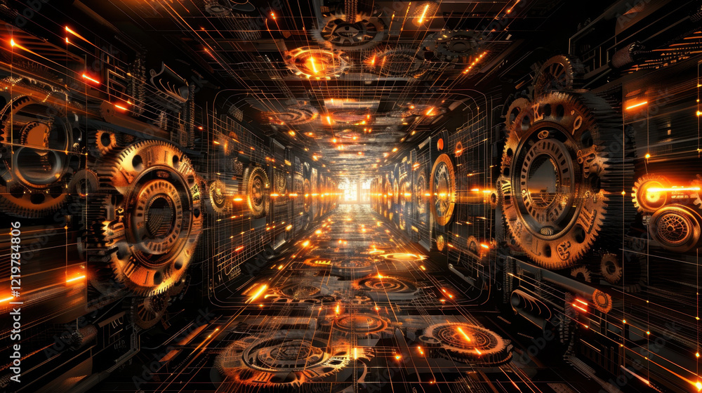 Poster futuristic corridor with glowing gears and circuits, creating sense of depth and technology. warm or