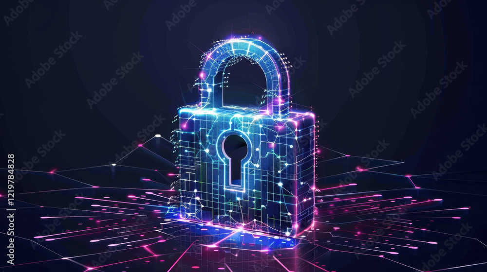 Poster digital lock symbolizing cybersecurity with glowing circuits and connections