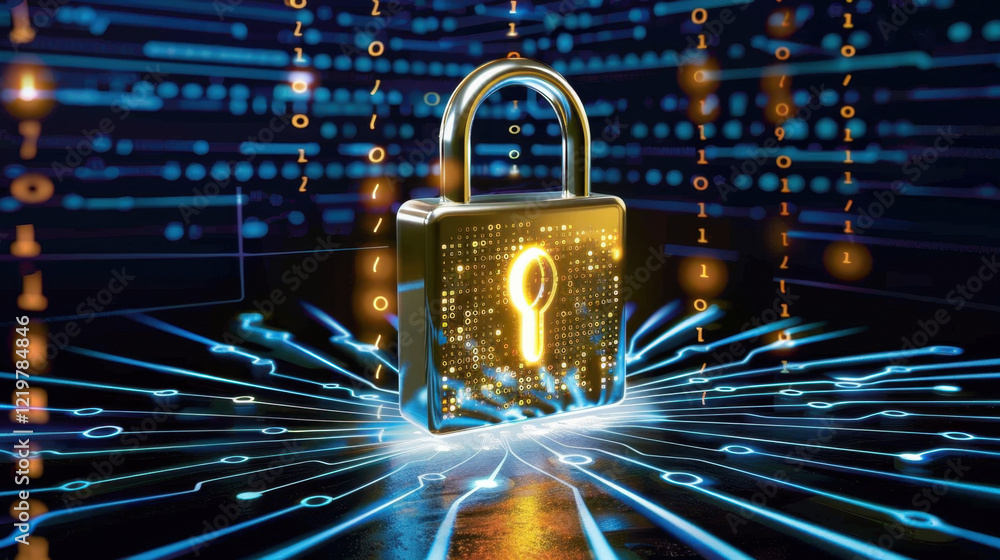 Poster digital padlock symbolizes cybersecurity and data protection, surrounded by binary code and glowing 