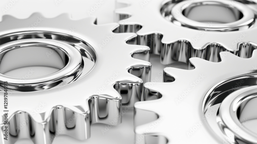 Poster shiny metal gears with intricate details, symbolizing machinery and engineering. close up view highl