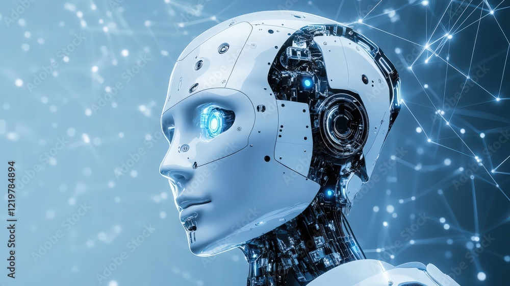 Poster futuristic robot head with glowing blue eye and complex mechanical details in a technological settin