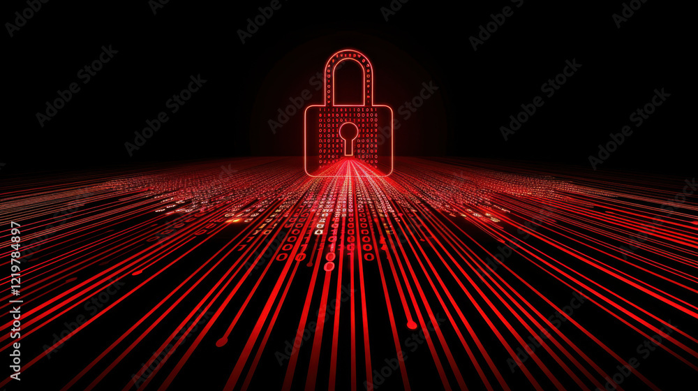 Poster digital lock symbolizing cybersecurity with red data streams, representing protection and technology