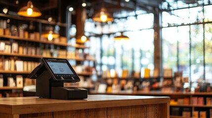Modern pos terminal stands on wooden counter in a bookstore
