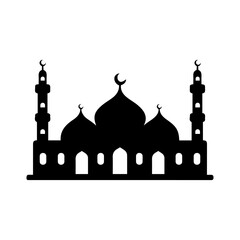 Black Mosque Silhouette with Two Minarets and Crescent Moon Ideal for Eid Celebration Decor and Islamic Art. Islamic Mosque icon vector art
