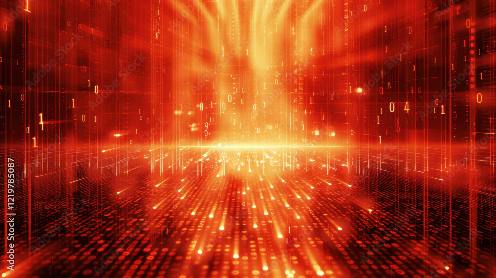 Poster vibrant digital landscape with flowing binary code in red hues, creating sense of depth and movement