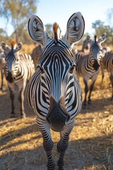 Zebra herd close-up, sunny savanna.