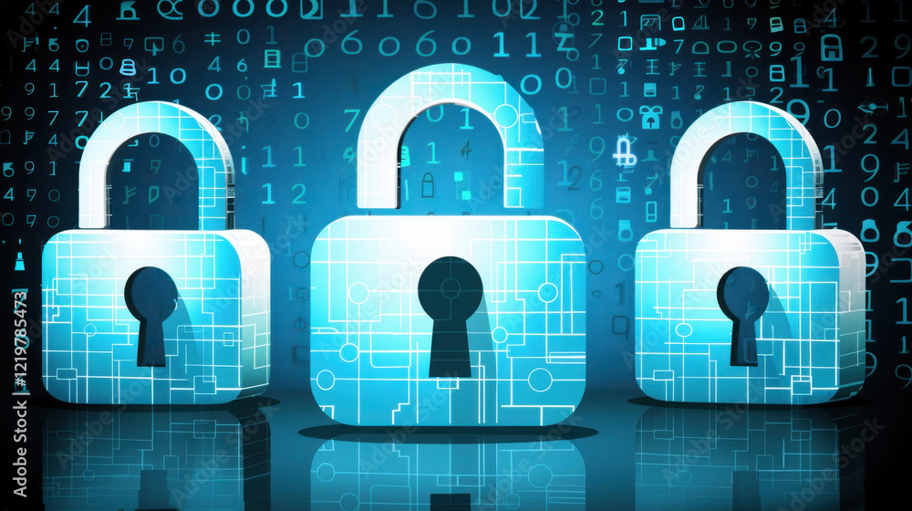 Poster digital locks symbolize cybersecurity and data protection, featuring blue color scheme with circuit 