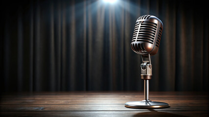 Vintage stunning microphone on stage with dark backdrop under a spotlight, setting the scene for a soulful music performance with a retro vibe.