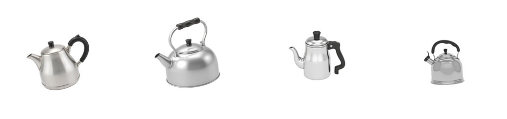 Classic teapot 3D render on white background silver body with black handle, cut out collection pack