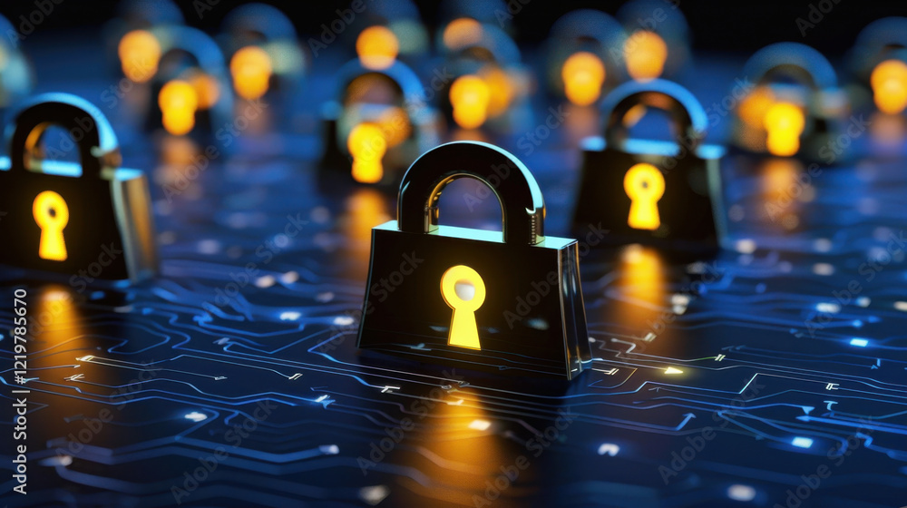 Poster digital locks on circuit board symbolize cybersecurity and data protection. glowing keyholes represe
