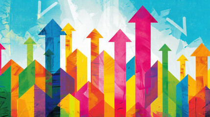 Colorful arrows pointing upwards against bright blue sky, symbolizing growth and progress. vibrant colors create energetic and optimistic atmosphere