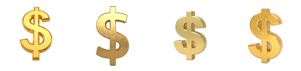 Fototapeta premium Shiny 3D golden dollar sign on white, cut out collection pack