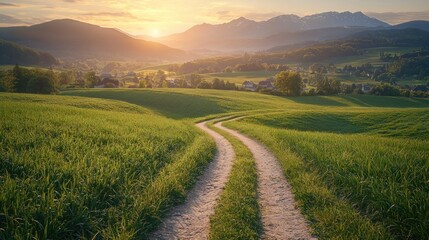 Dirt road through green fields at sunset in mountain valley.