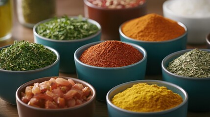 Fototapeta premium A neatly arranged selection of spices and herbs in vibrant hues showcases an inviting palette, evoking the aromas and flavors of world cuisines.