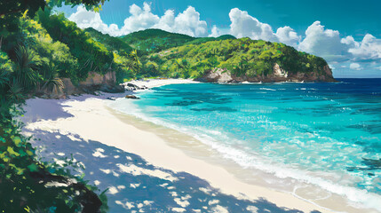 Fototapeta premium A picturesque cove with white sand, turquoise water, and lush greenery. Shadow Cove. Illustration