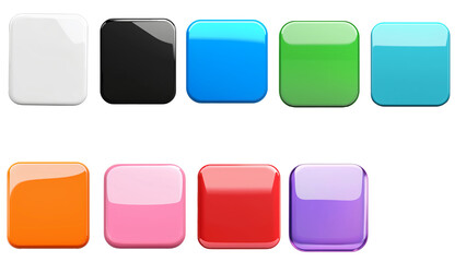 Blank Mobile application icon, button - white, black, blue,  green, light blue, orange, pink, red, violet square with round corners. 3d rendering, white background, cut out