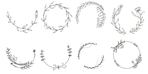 Fototapeta premium set of circle floral frame. hand drawn flowers and leaves frame for wedding invitation