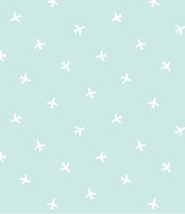 Minimal light blue seamless airplane pattern in white silhouette for soft children aviation background