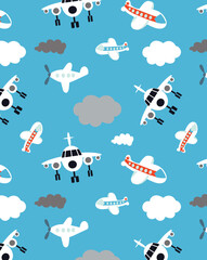 Seamless cartoon pattern of flying airplanes among clouds on blue sky background in vector travel art