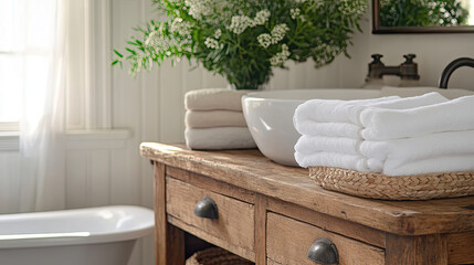 Fototapeta premium Cozy Bathroom Decor with Soft Towels and Fresh Greenery