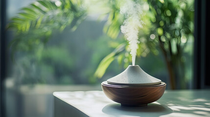 Modern Aromatherapy Diffuser Releasing Fragrant Steam in Nature