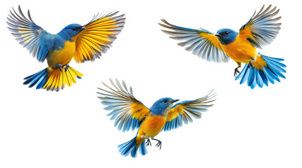 Naklejka premium Set of flying blue and yellow birds isolated on white, cut out