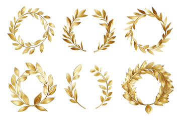 Gold laurel wreath, winner award set vector illustration. Golden branch of olive leaves or stars of victory symbol, insignia emblem decoration design, triumph honor champion prize isolated, cut out