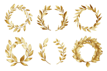 Gold laurel wreath, winner award set vector illustration. Golden branch of olive leaves or stars of victory symbol, insignia emblem decoration design, triumph honor champion prize isolated, cut out