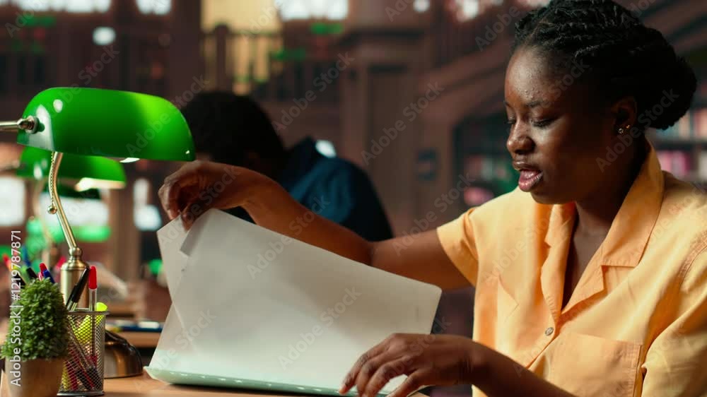 Poster african american pupil highlighting key words from the class notes, creating a summary to study easi