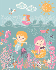 Cute cartoon mermaid character in vector illustration for baby girl t-shirt design